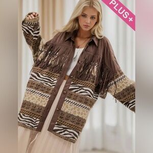 NWT!Plus Size Fringe Button Down Long Sleeve Loose Fit Jacket Sizes 1X 2X 3X